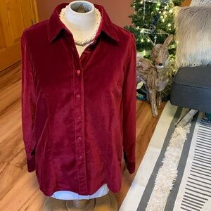 LLBean, Maroon Velvet Long Sleeve Stretch Button Down Shirt. Women’s Small